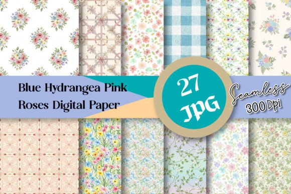 Blue Hydrangea Pink Roses Digital Paper Guide