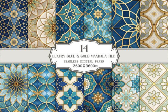 Luxury Blue Gold Mandala Tile Digital Art
