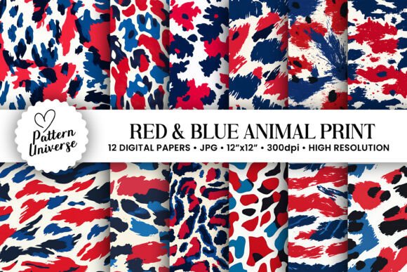Red Blue Animal Print Digital Papers for Crafting