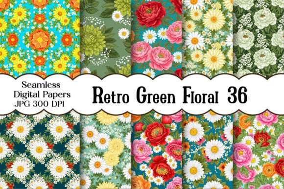Retro Green Floral Digital Paper for Designers